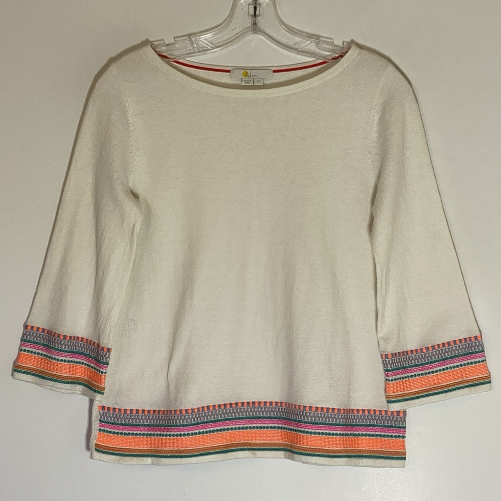 Boden‎ Sweater Womens XS Biege Colette Aztec Embroidered Pullover Boho Colorful